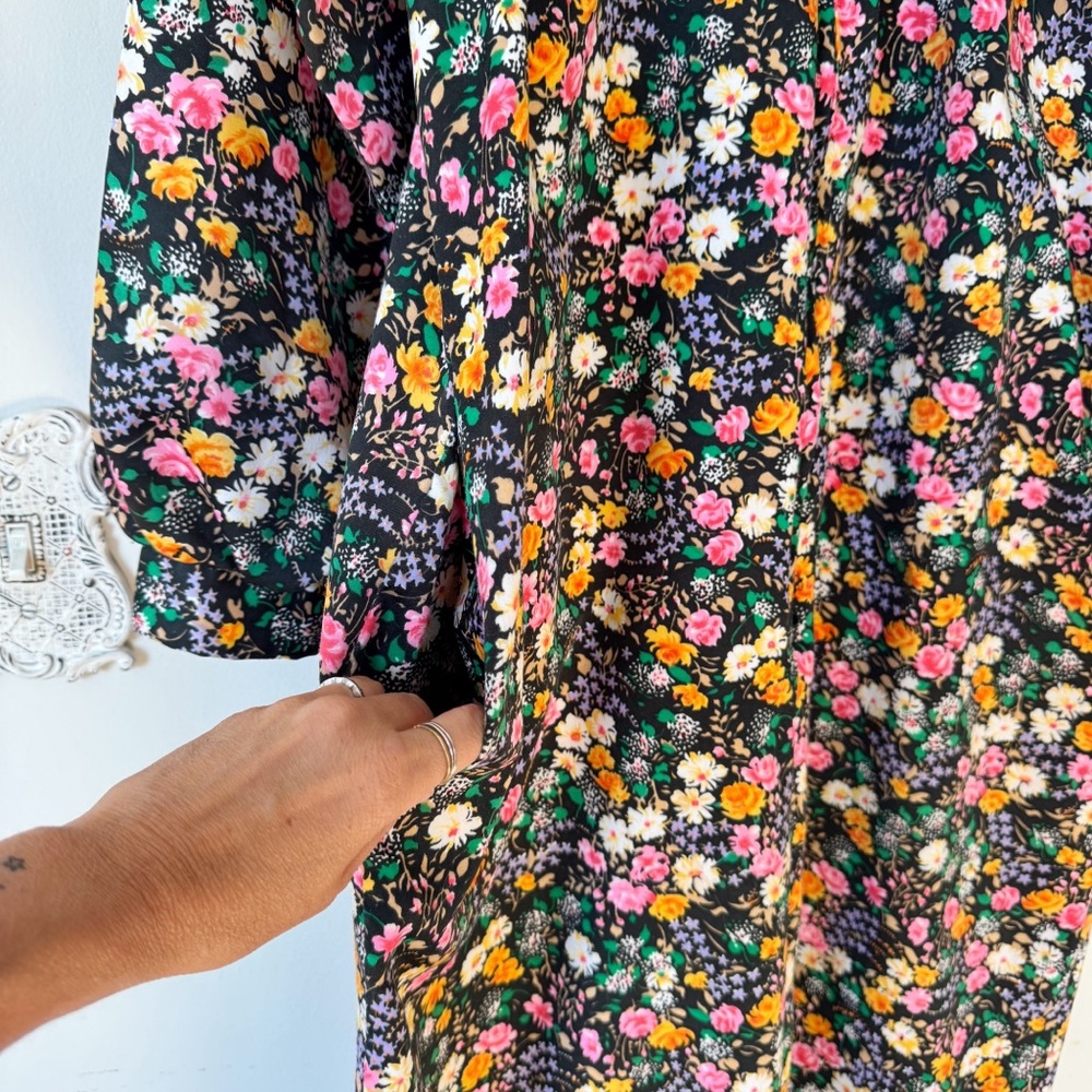 Vintage 70s Atkins Black Floral House coat Dress Muumuu Maxi Dress Pockets M - Picture 5 of 10
